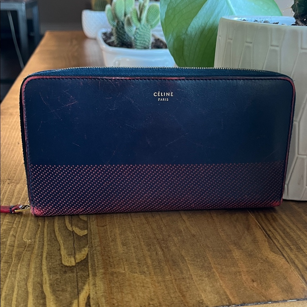 Celine Navy and Red Leather Zipper Wallet